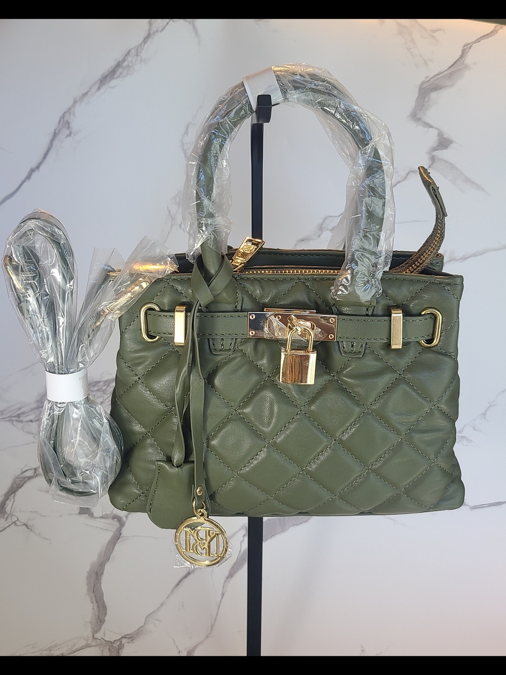 Badgley Mischka Quilted Olive Green Satchel with Gold Hardware